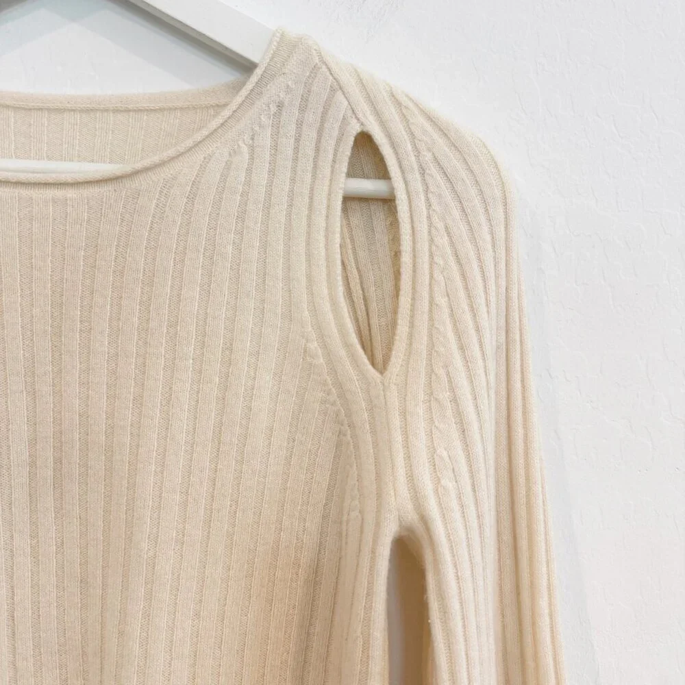 Vince 100% Cashmere Shoulder Slit Ribbed Knit Flare Sleeve Sweater Boho Cream XS